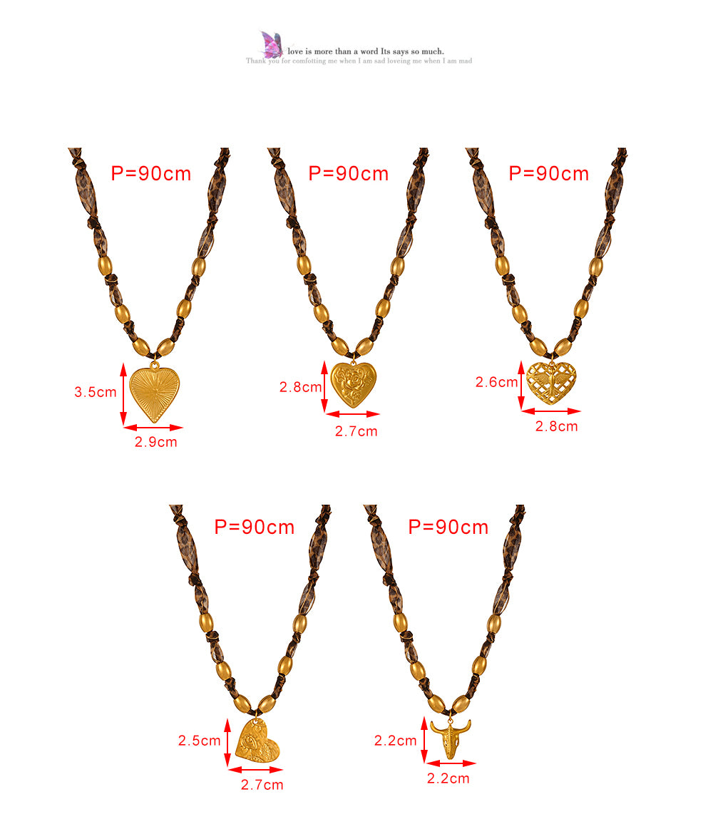 Gold 5 Titanium Steel Bull Head Leopard Print Ribbon Beaded Necklace