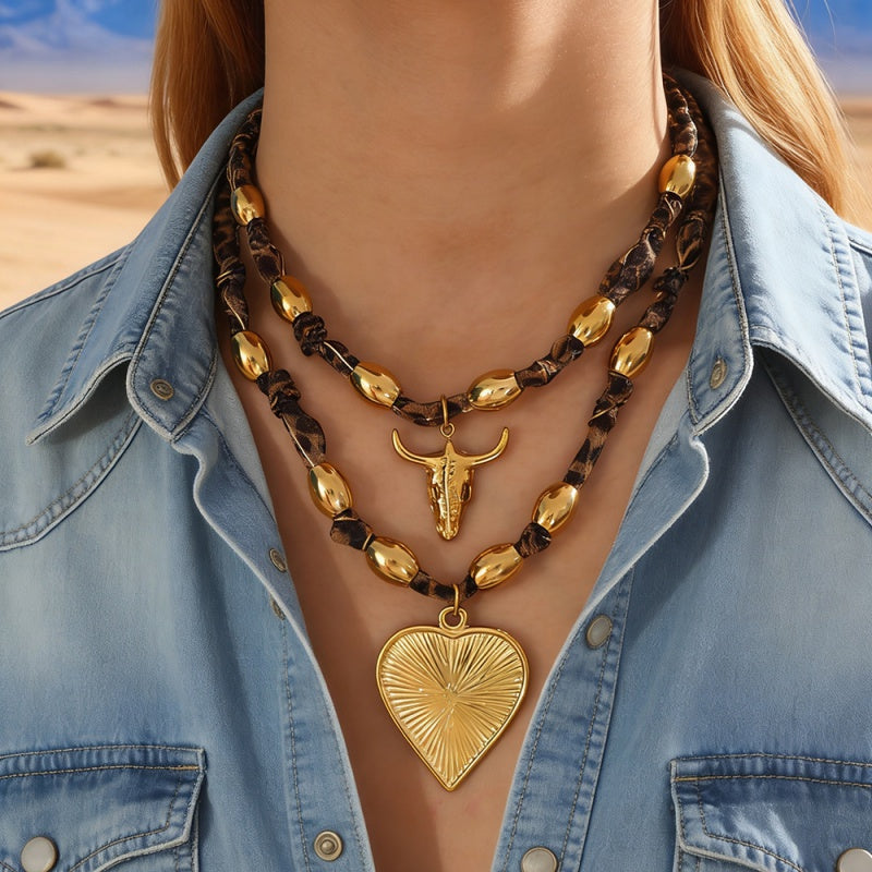 Gold 5 Titanium Steel Bull Head Leopard Print Ribbon Beaded Necklace