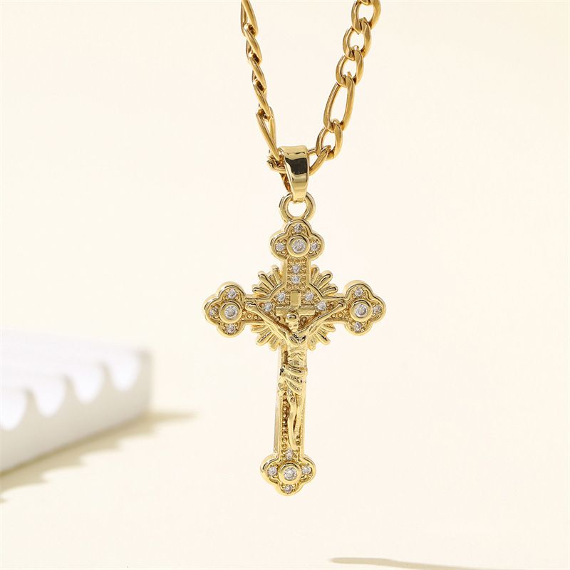 Gold Stainless Steel Diamond-encrusted Cross Necklace