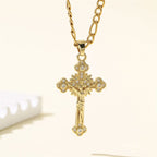 Gold Stainless Steel Diamond-encrusted Cross Necklace
