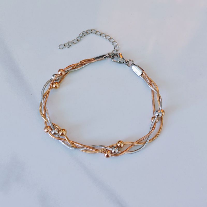 Three-color Gold Stainless Steel Multi-layered Round Snake Bead Bracelet