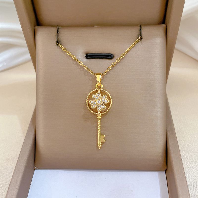 Gold Titanium Steel Diamond-encrusted Key Necklace