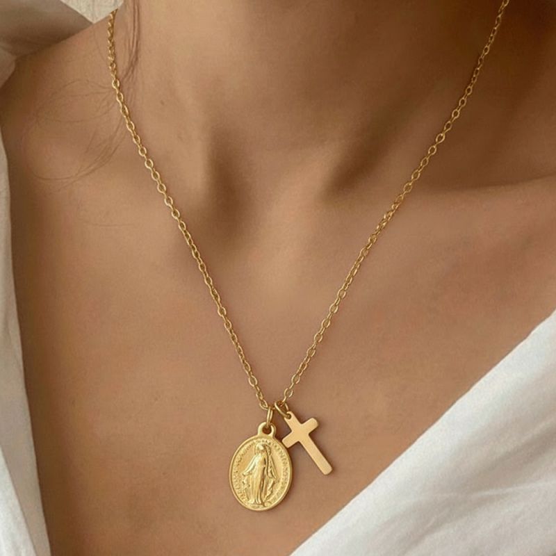 Gold Stainless Steel Cross Virgin Mary Necklace