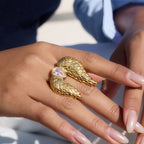 Gold Stainless Steel Diamond-encrusted Wing Ring