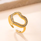 Gold Stainless Steel Diamond-encrusted Heart Ring