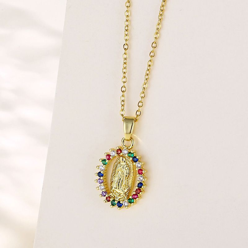 Gold Stainless Steel Diamond-encrusted Virgin Mary Necklace