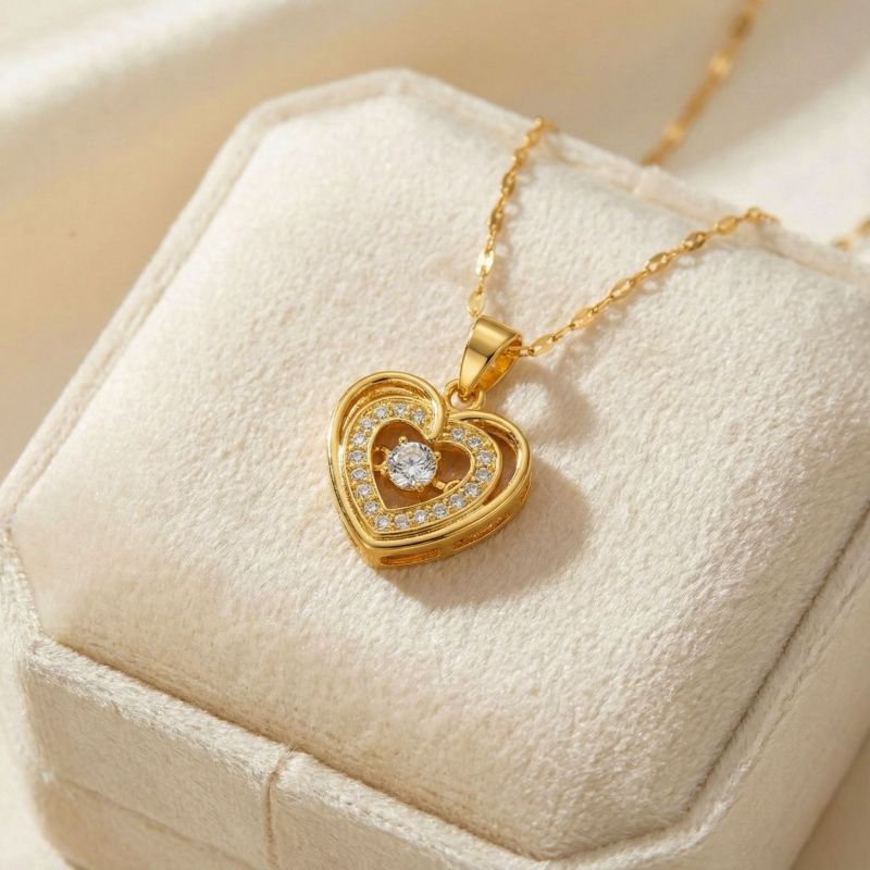 Gold Stainless Steel Diamond-encrusted Heart Necklace
