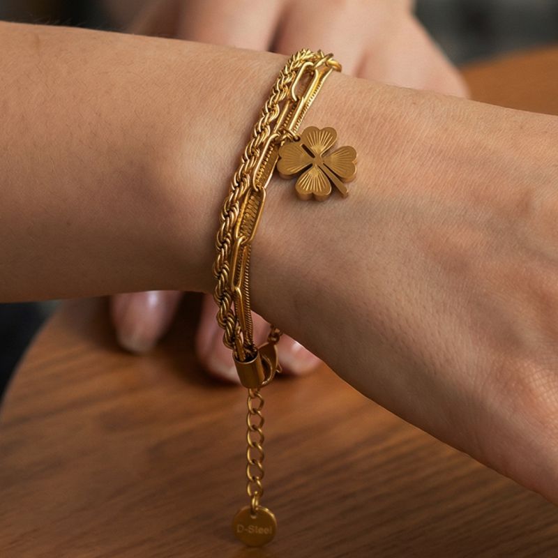 Gold Stainless Steel Four-leaf Clover Double-layer Bracelet