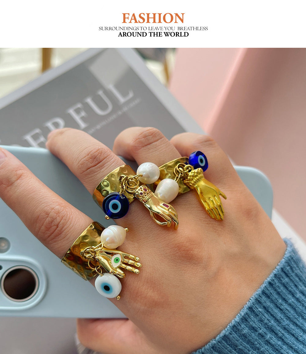 Gold 3 Palm Eye Freshwater Pearl Titanium Steel Ring