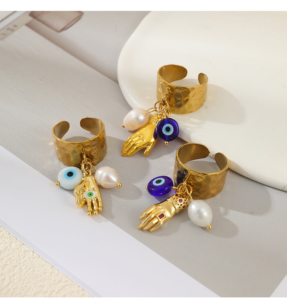 Gold 3 Palm Eye Freshwater Pearl Titanium Steel Ring