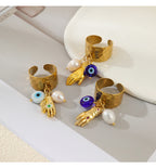 Gold 3 Palm Eye Freshwater Pearl Titanium Steel Ring