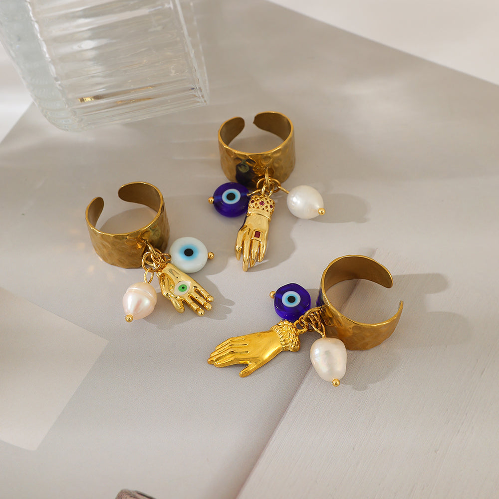 Gold 3 Palm Eye Freshwater Pearl Titanium Steel Ring