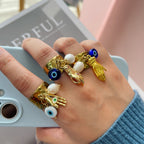 Gold 3 Palm Eye Freshwater Pearl Titanium Steel Ring