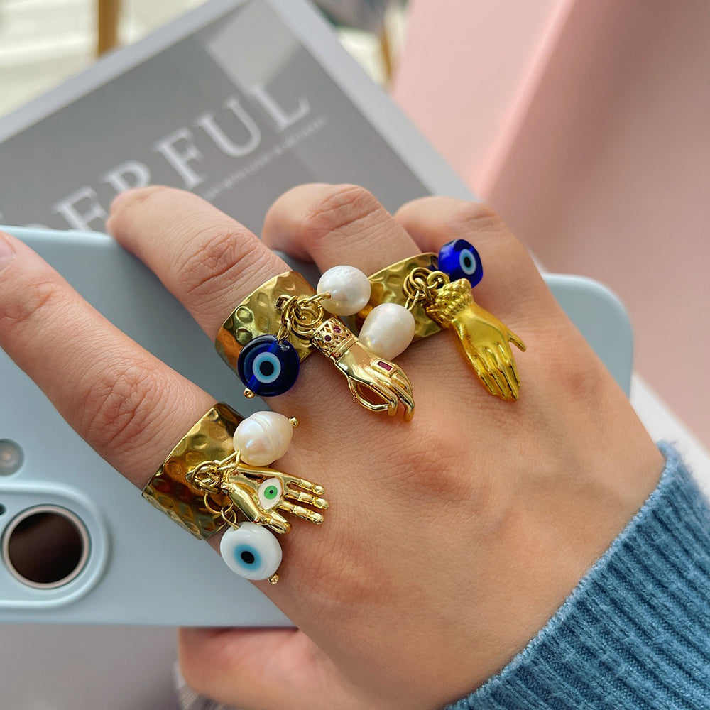Gold 3 Palm Eye Freshwater Pearl Titanium Steel Ring