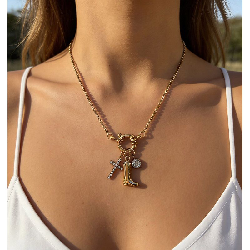 Gold Stainless Steel Diamond-encrusted Cross Boot Necklace