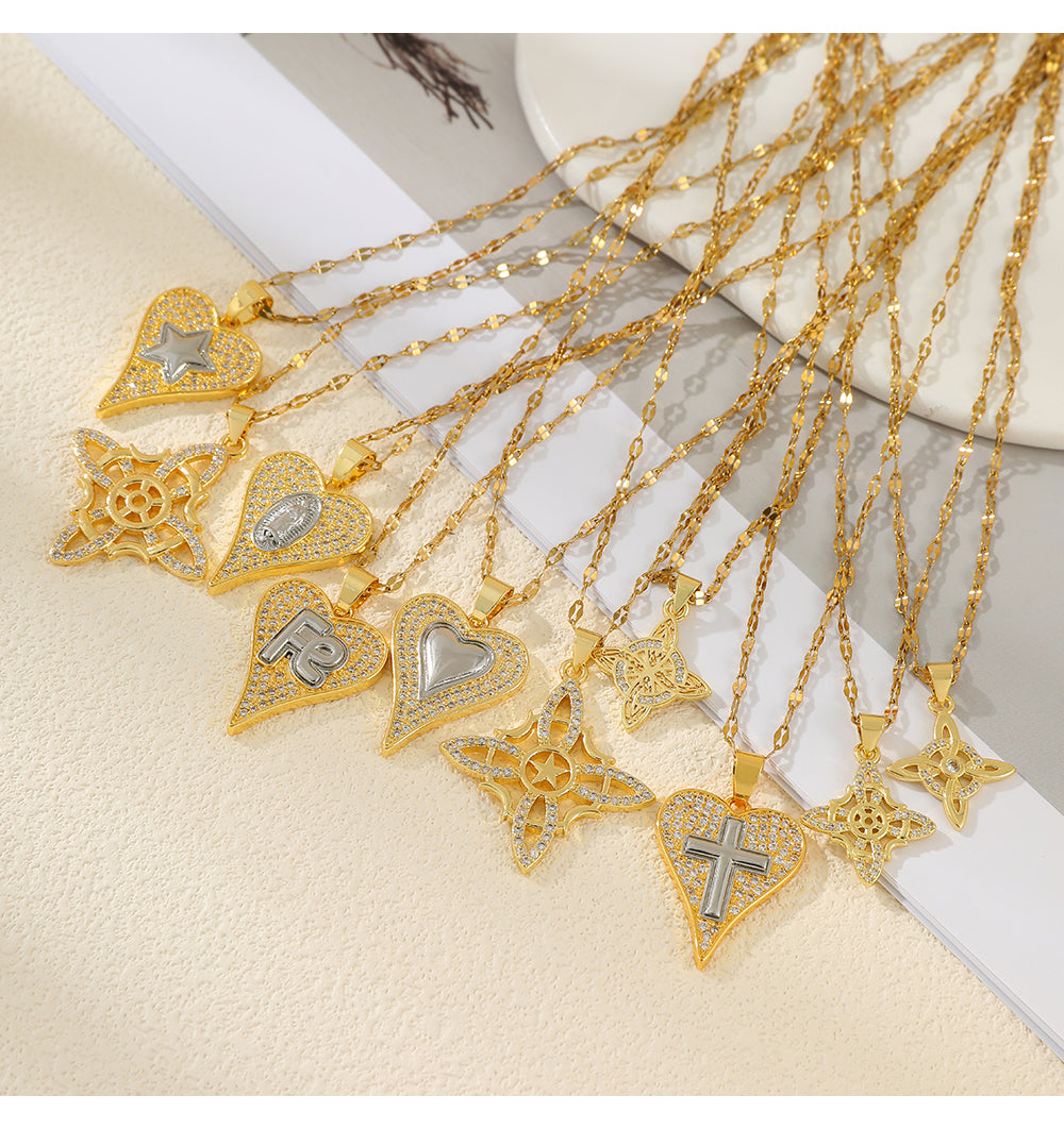 Gold And Silver 1 Titanium Steel Zircon-inlaid Color-blocked Heart Necklace
