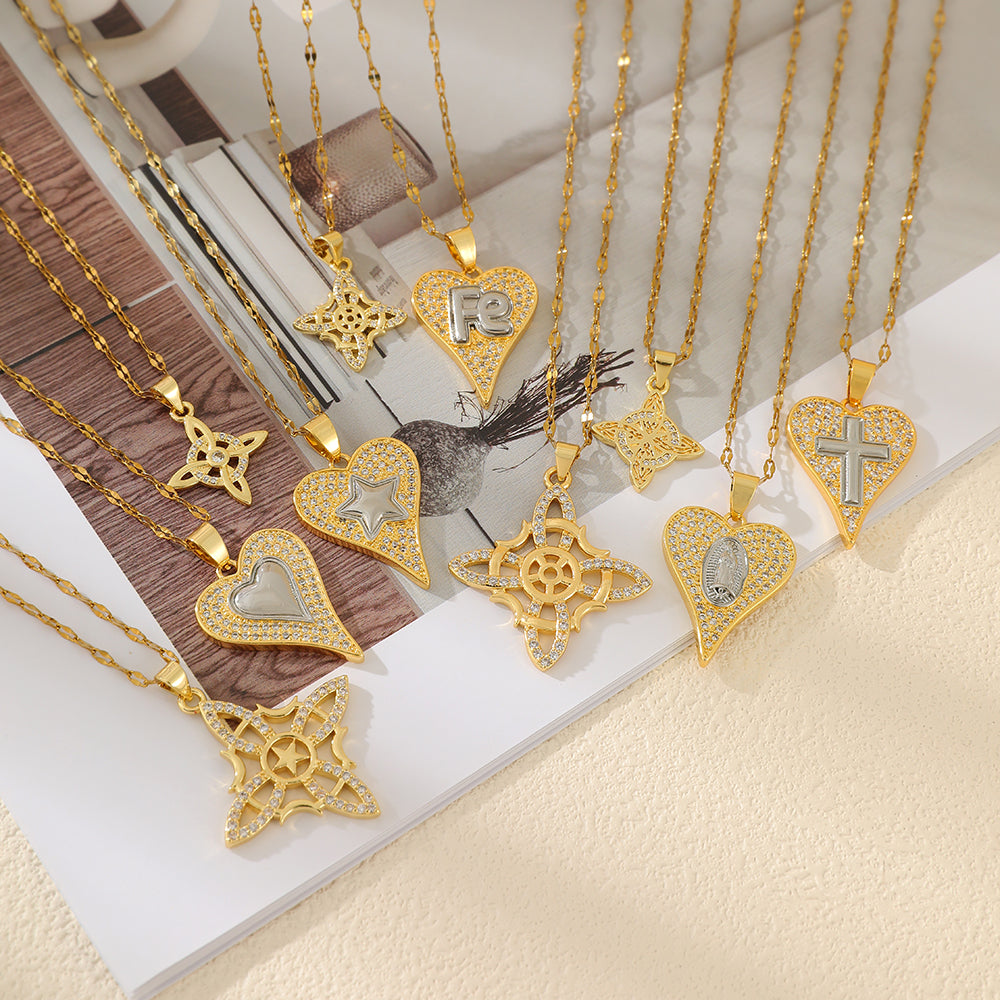 Gold And Silver 1 Titanium Steel Zircon-inlaid Color-blocked Heart Necklace