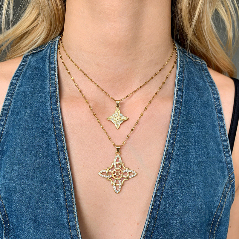 Gold 5 Titanium Steel Zircon-inlaid Witch's Knot Necklace