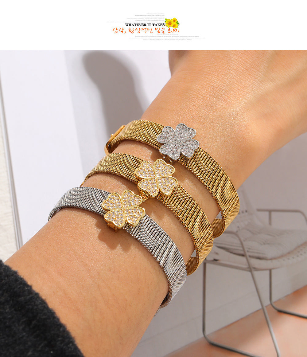 Silver Titanium Steel Zircon Lucky Clover Bracelet