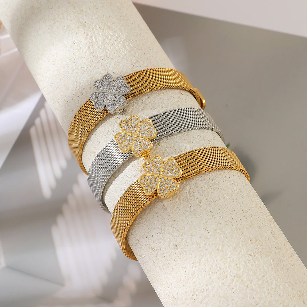 Silver Titanium Steel Zircon Lucky Clover Bracelet