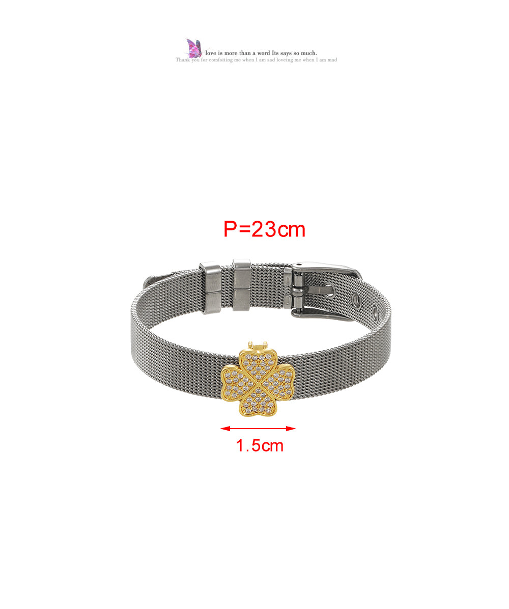 Gold Titanium Steel Zircon Lucky Clover Bracelet