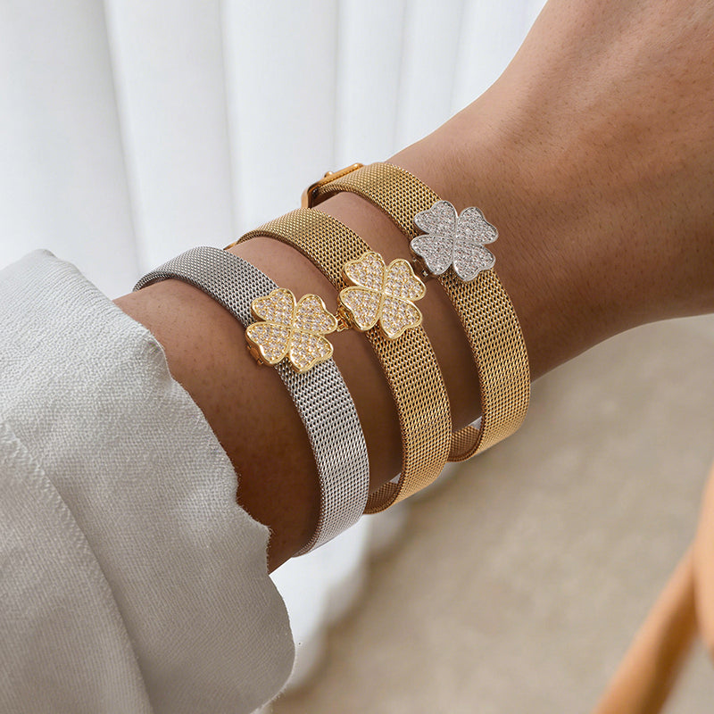 Silver Titanium Steel Zircon Lucky Clover Bracelet