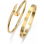 Gold Titanium Steel Diamond-encrusted Heart-shaped Nail Bracelet Set