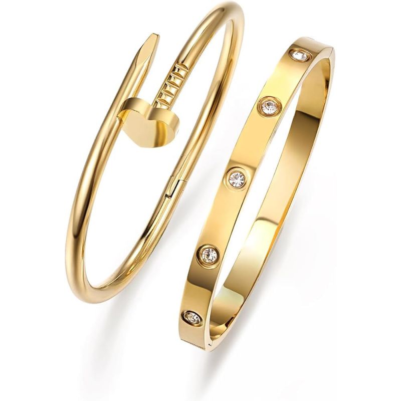 Gold Titanium Steel Diamond-encrusted Heart-shaped Nail Bracelet Set