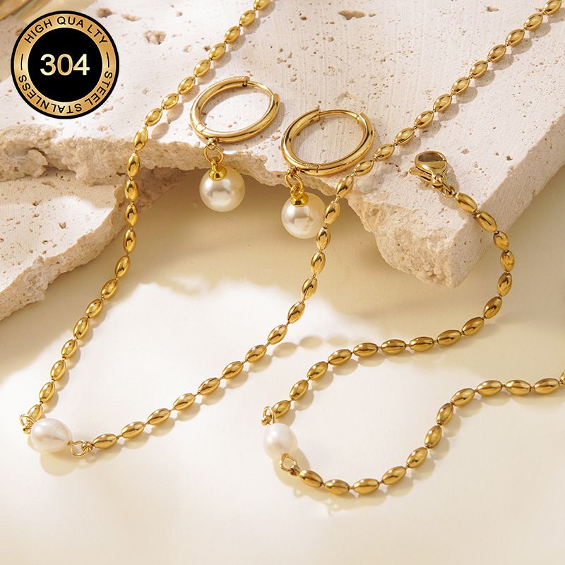 Set Stainless Steel Pearl Necklace Bracelet And Earring Set