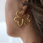 Gold Stainless Steel Openwork Four-leaf Clover Earrings