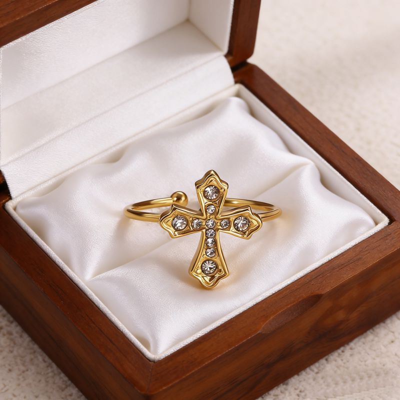 Ring #5 304 Stainless Steel Diamond-set Cross Ring