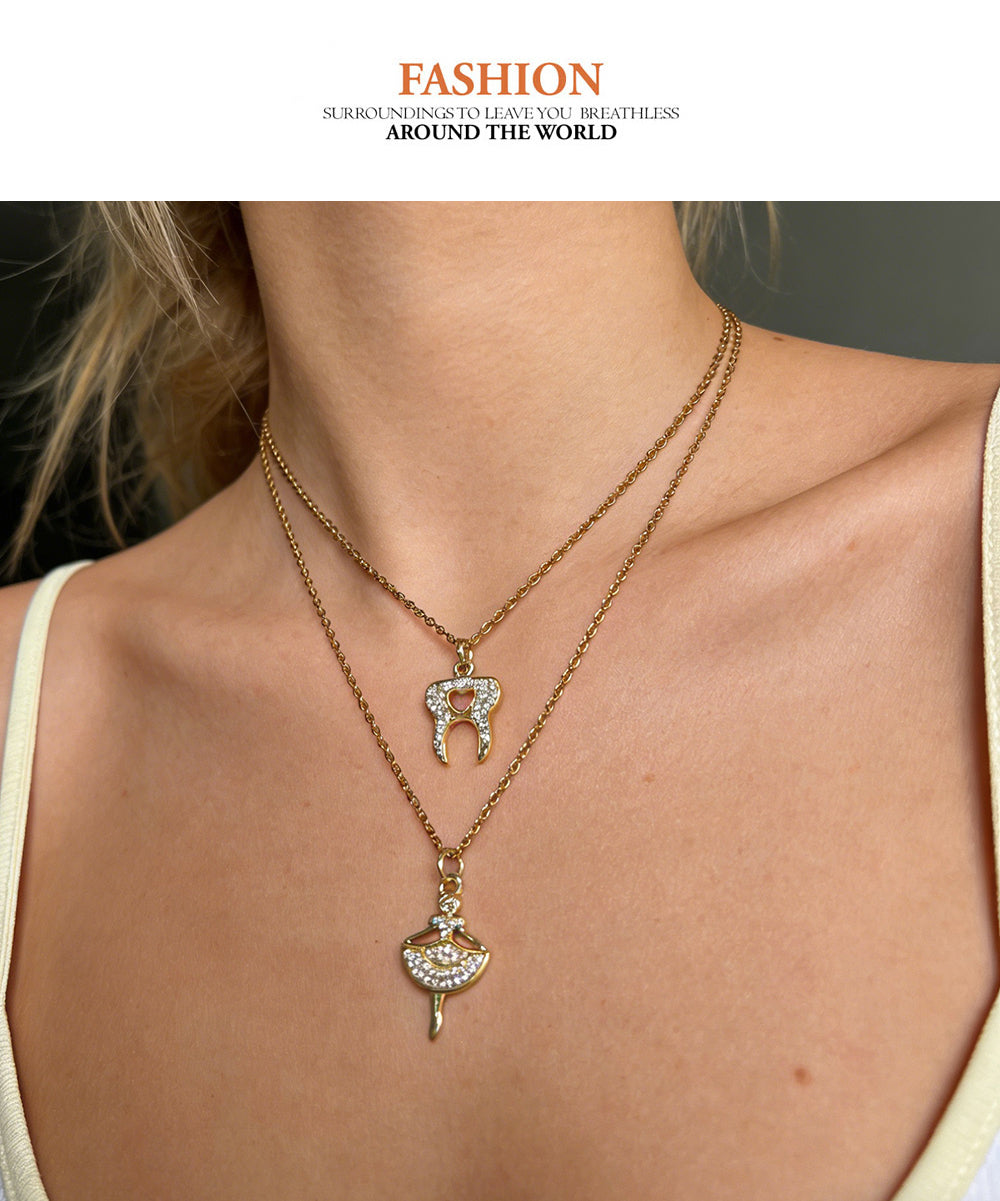 Gold 1 Titanium Steel Zircon-inlaid Tooth Heart Necklace