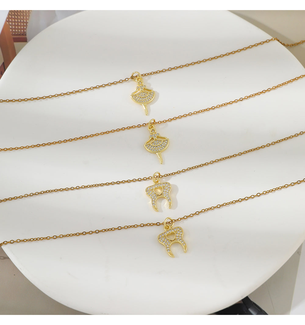 Gold 1 Titanium Steel Zircon-inlaid Tooth Heart Necklace