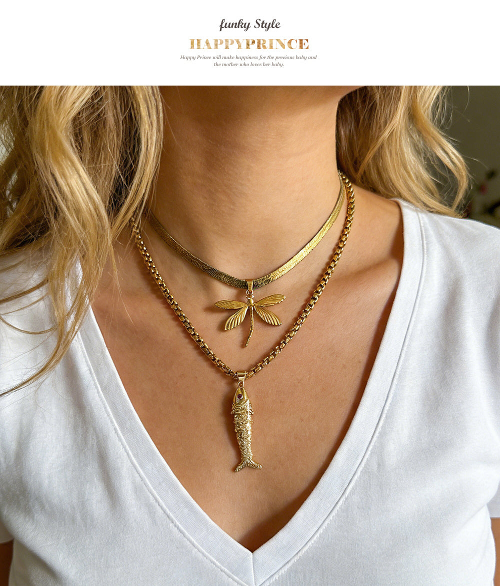 Gold 3 Titanium Steel Dragonfly Snake Bone Chain Necklace
