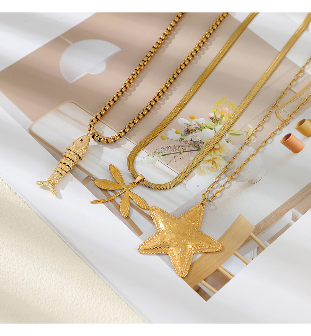Gold 3 Titanium Steel Dragonfly Snake Bone Chain Necklace