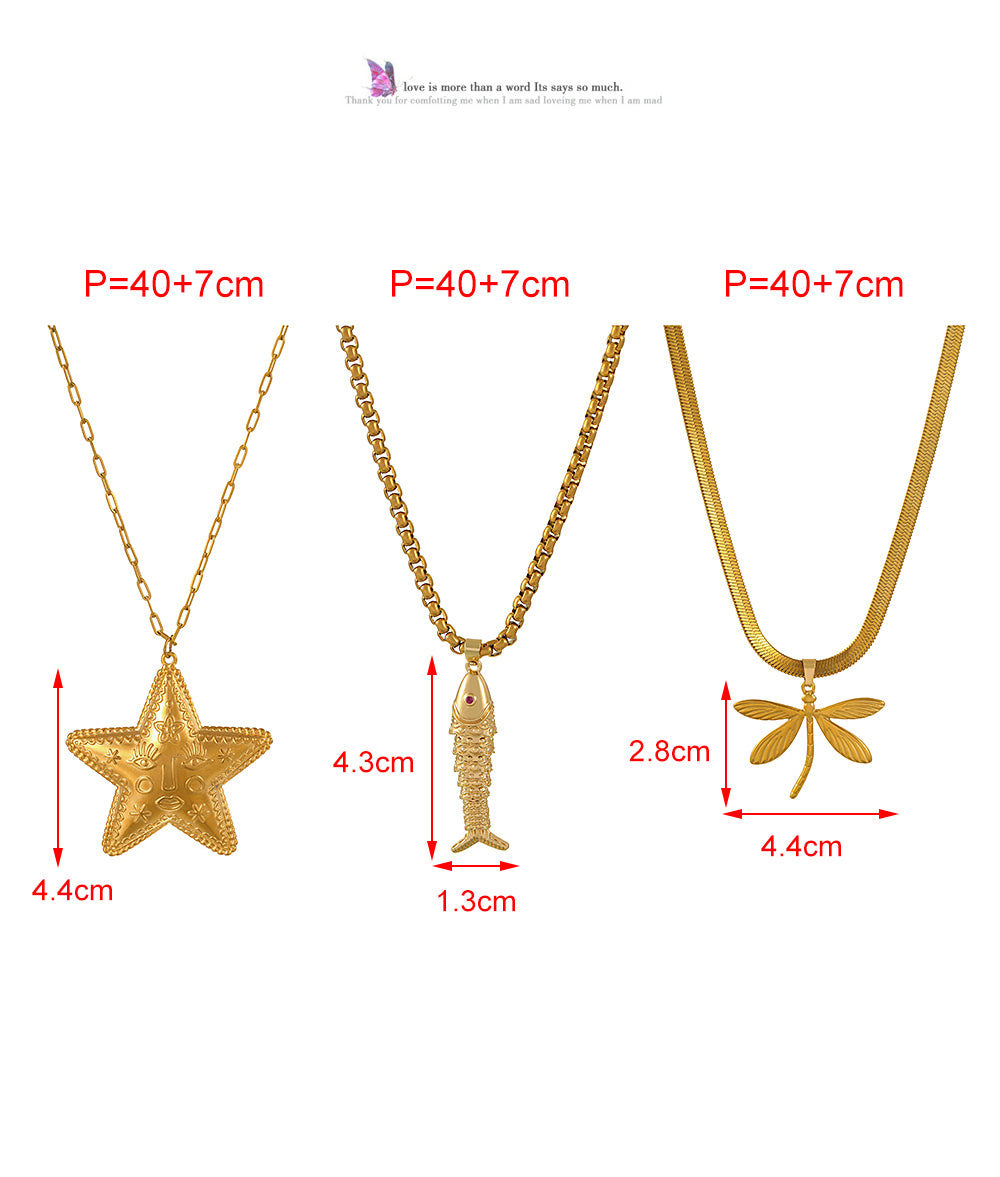 Gold 3 Titanium Steel Dragonfly Snake Bone Chain Necklace