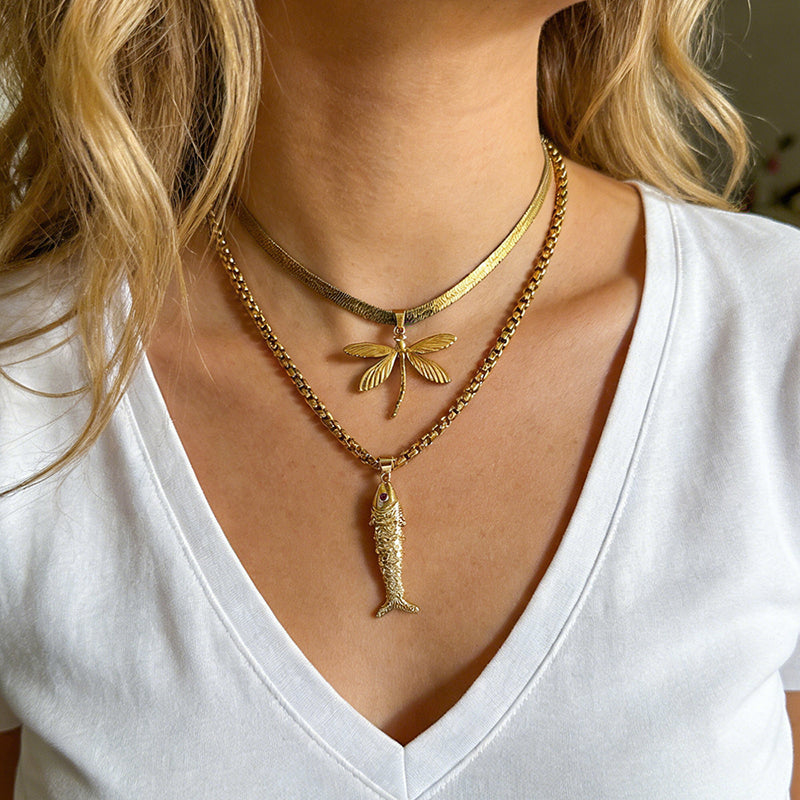 Gold 3 Titanium Steel Dragonfly Snake Bone Chain Necklace
