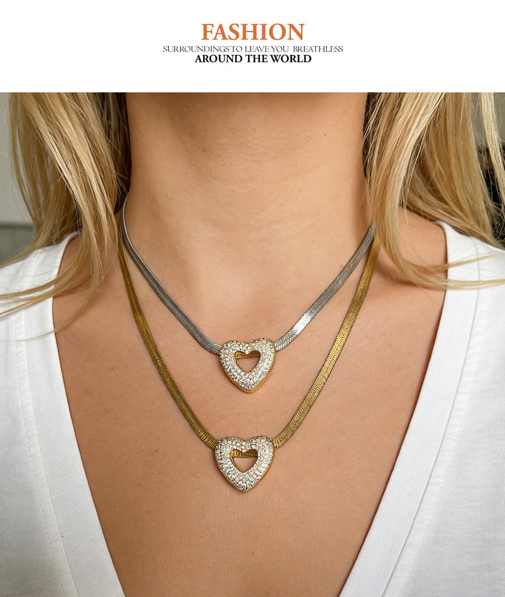 Gold Zircon-encrusted Heart-shaped Snake Bone Chain Titanium Steel Necklace