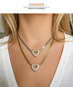 Gold Zircon-encrusted Heart-shaped Snake Bone Chain Titanium Steel Necklace
