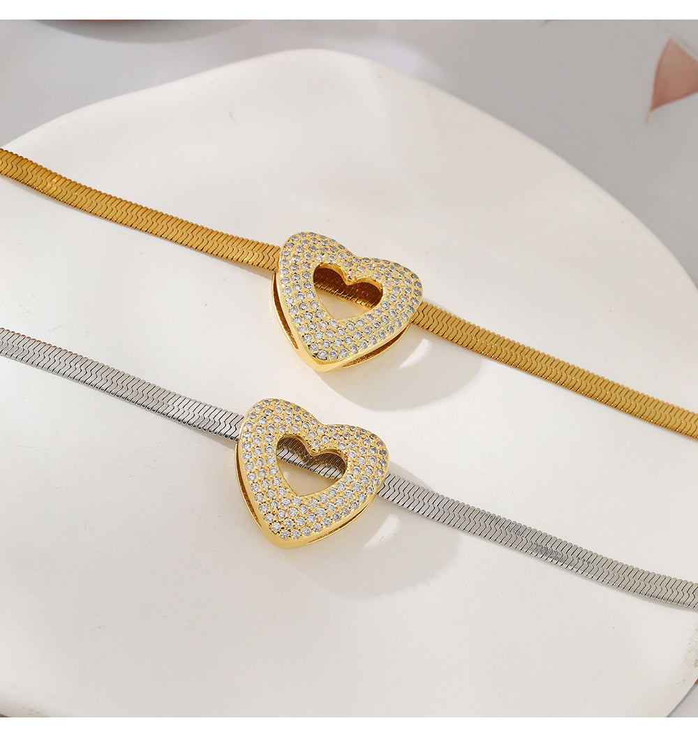 Gold Zircon-encrusted Heart-shaped Snake Bone Chain Titanium Steel Necklace