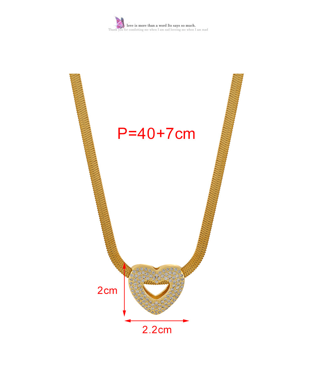 Gold And Silver Zircon-encrusted Heart-shaped Snake Bone Chain Titanium Steel Necklace