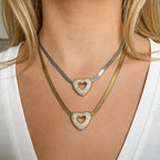 Gold And Silver Zircon-encrusted Heart-shaped Snake Bone Chain Titanium Steel Necklace