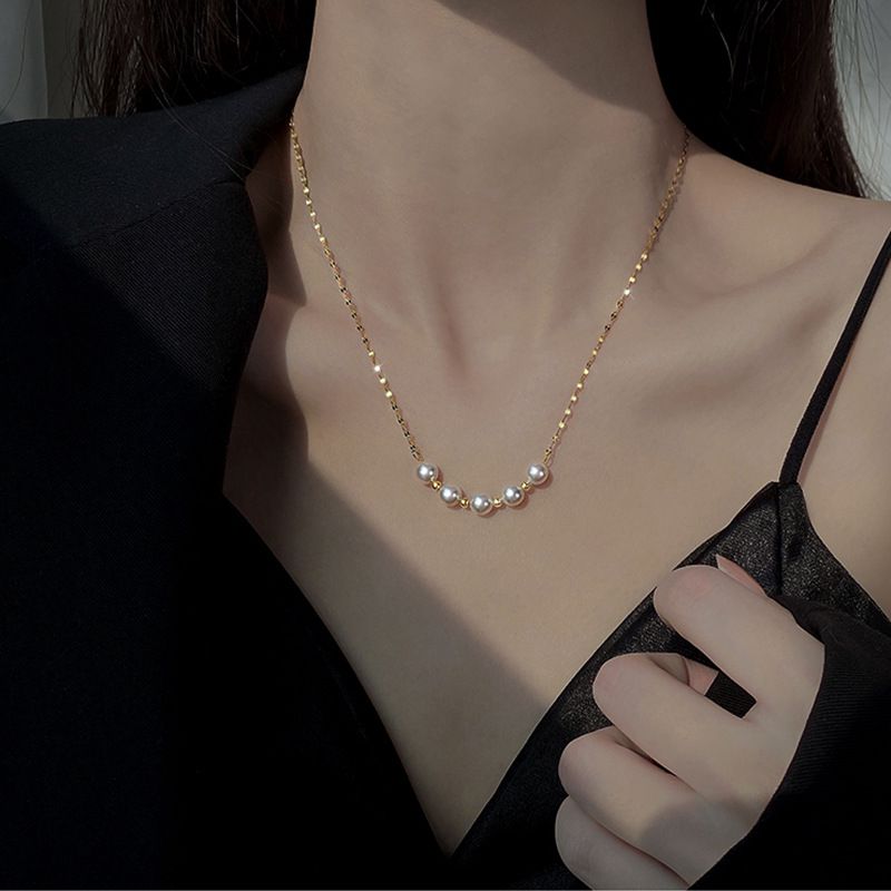 Gold Titanium Steel Pearl Beaded Necklace