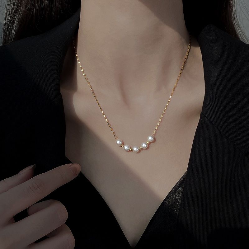 Silver Titanium Steel Pearl Beaded Necklace