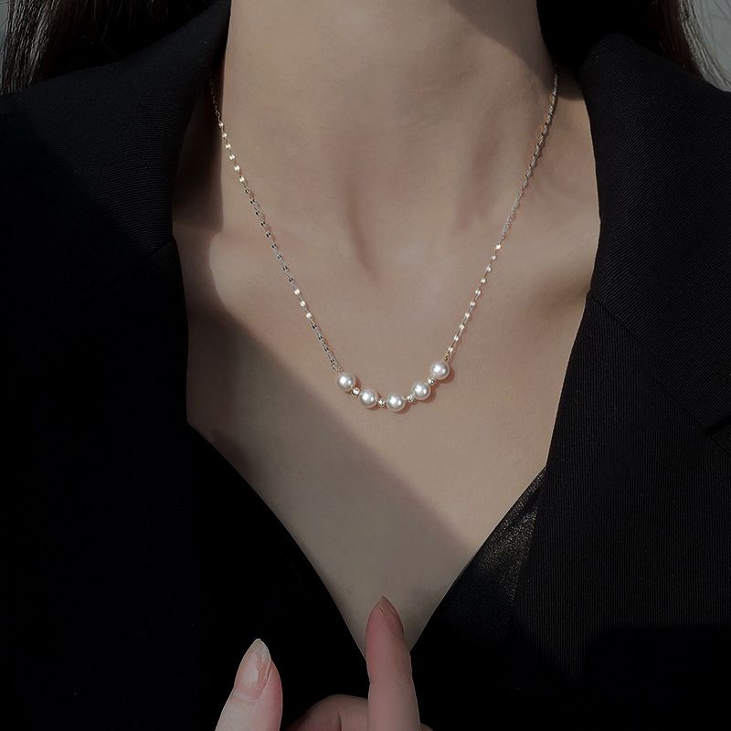 Gold Titanium Steel Pearl Beaded Necklace