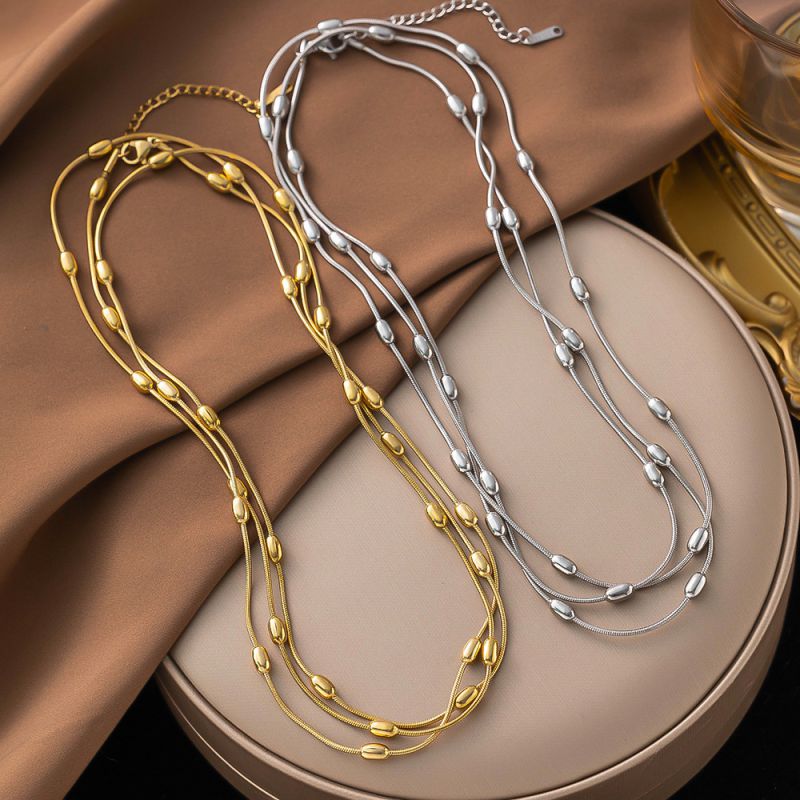 Anklet 2 Titanium Steel Oval Bead Snake Chain Multi-layer Anklet