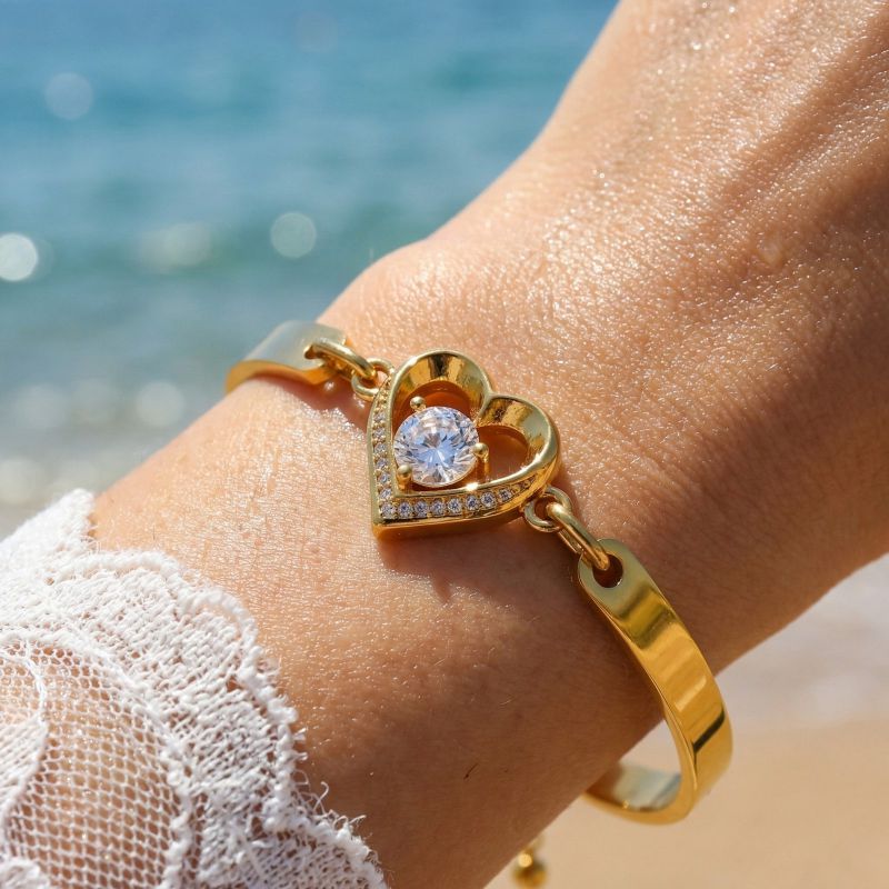 Silver Stainless Steel Diamond-encrusted Heart Bracelet