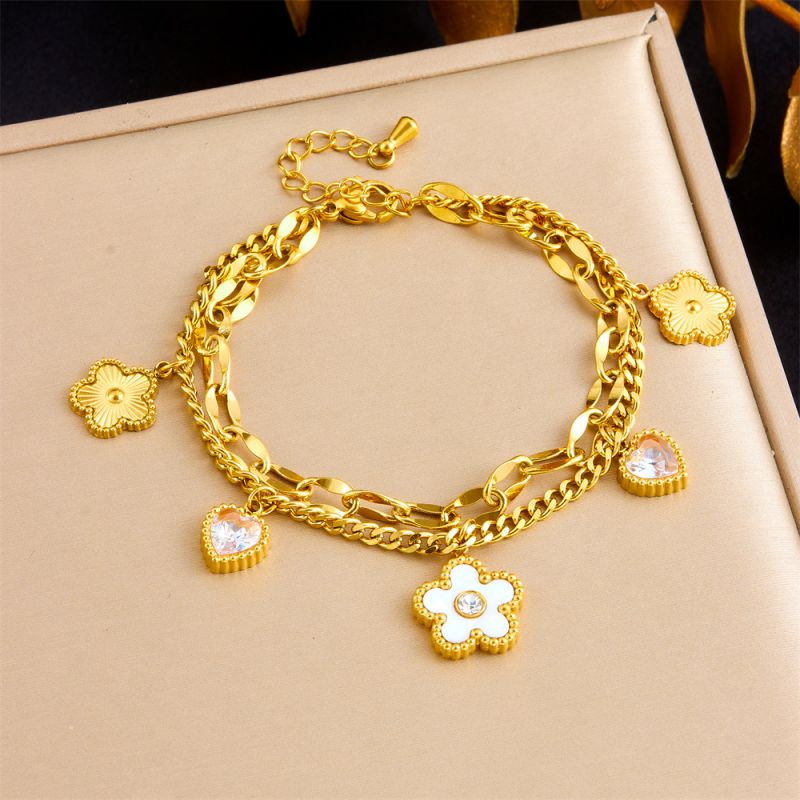 Gold Stainless Steel Diamond-encrusted Heart And Flower Double-layer Bracelet