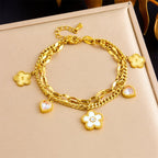Gold Stainless Steel Diamond-encrusted Heart And Flower Double-layer Bracelet