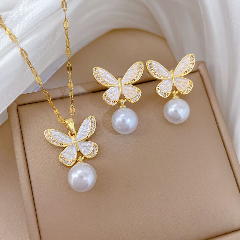 Necklace Stainless Steel Pearl Butterfly Necklace